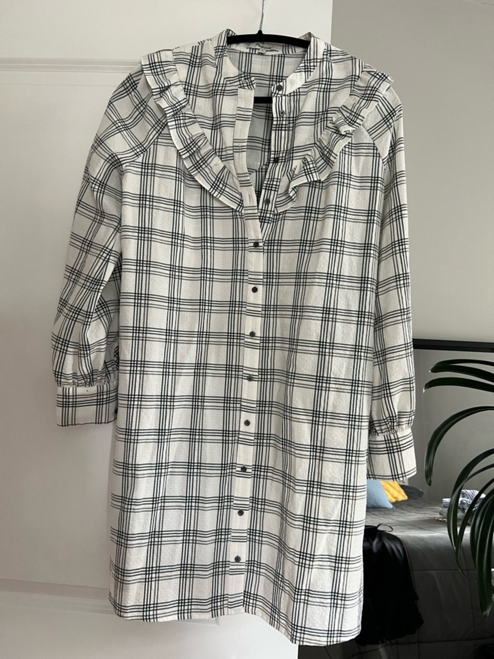Madewell Cream and Black/Grey Plaid Ruffle-Collar Midi Dress